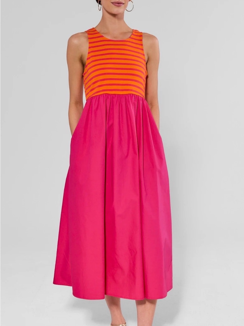NWT Avara Pink Striped Contrast Midi Dress Size Medium Pockets Cotton